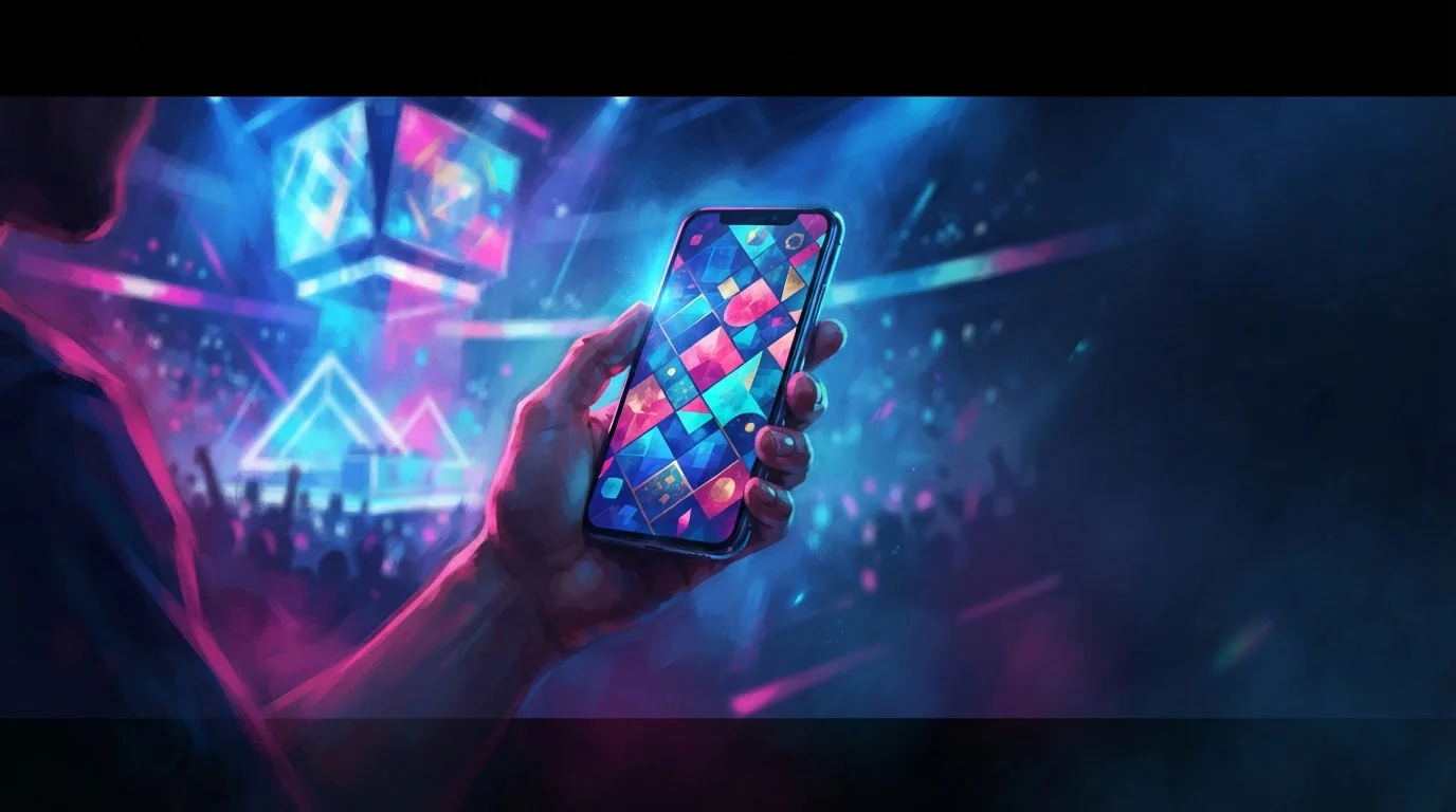 Téléphone en main avec interface abstraite colorée sans texte