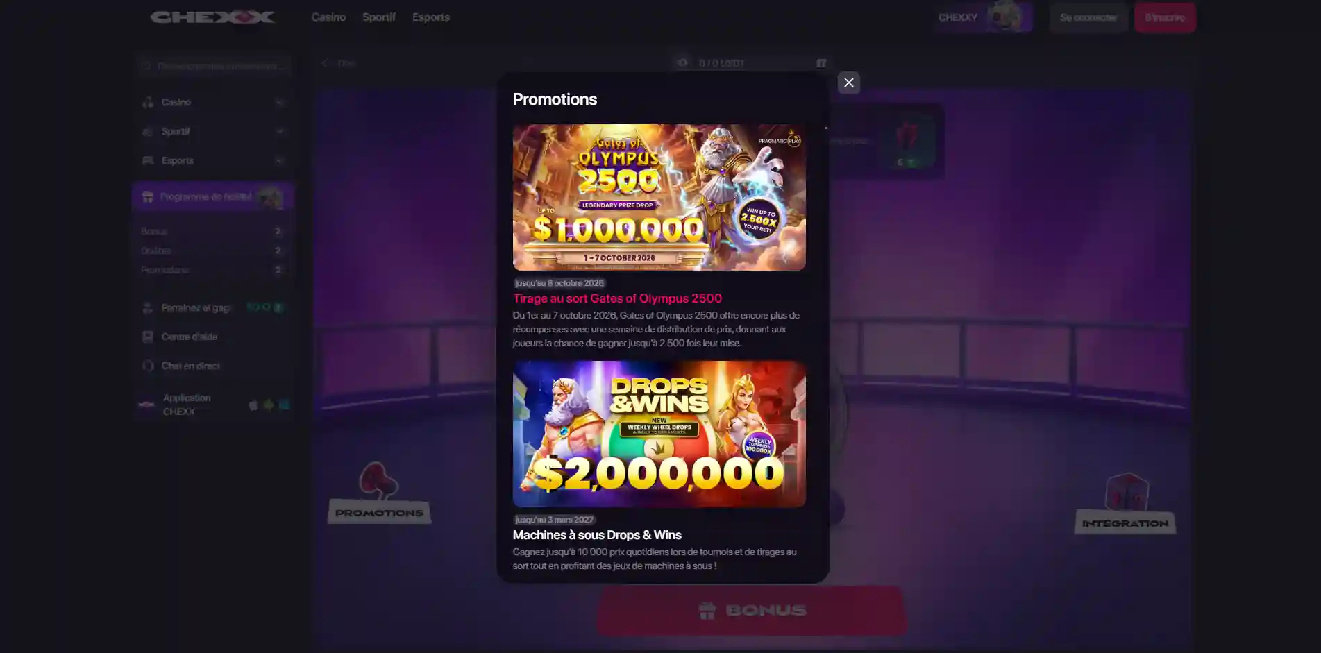 Trois paliers du bonus CHEXX avec leurs tours gratuits