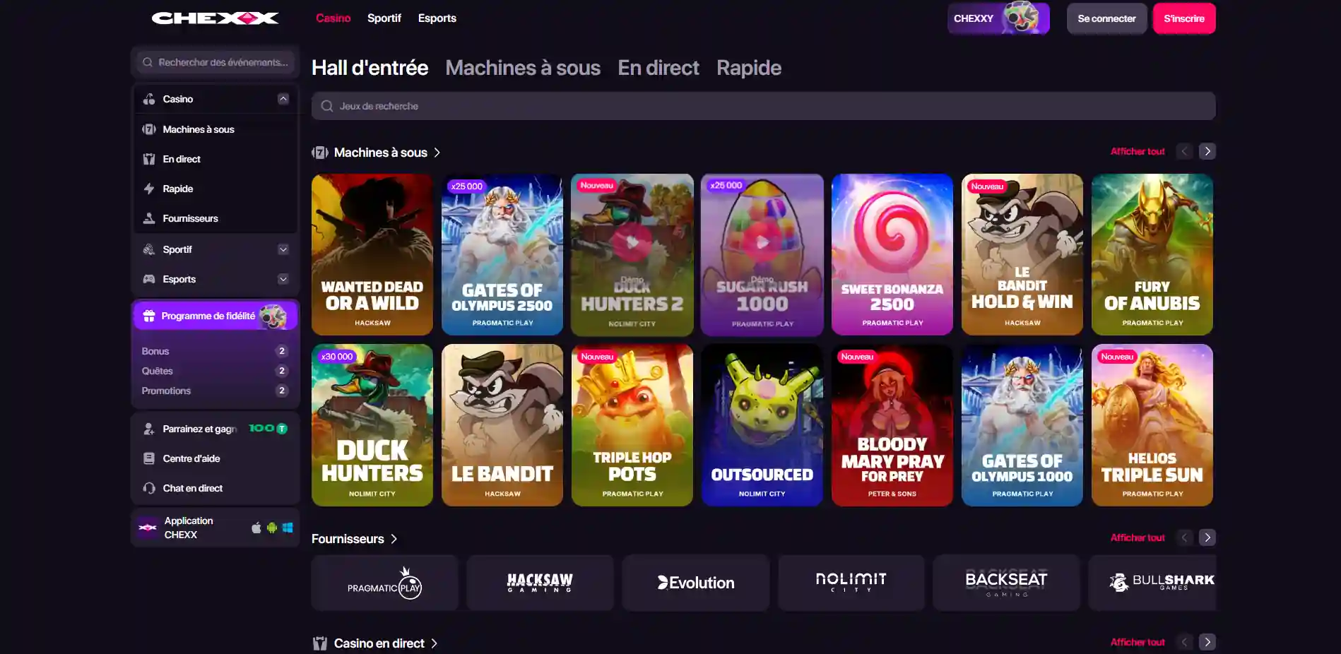 Lobby CHEXX avec catégories de jeux et filtres du catalogue