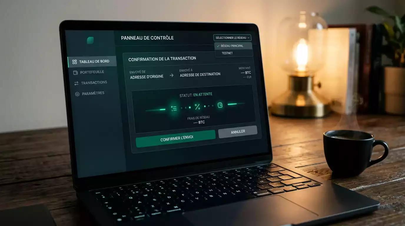 Ecran d'ordinateur portable affichant un tableau de bord d'interface blockchain Ethereum sobre