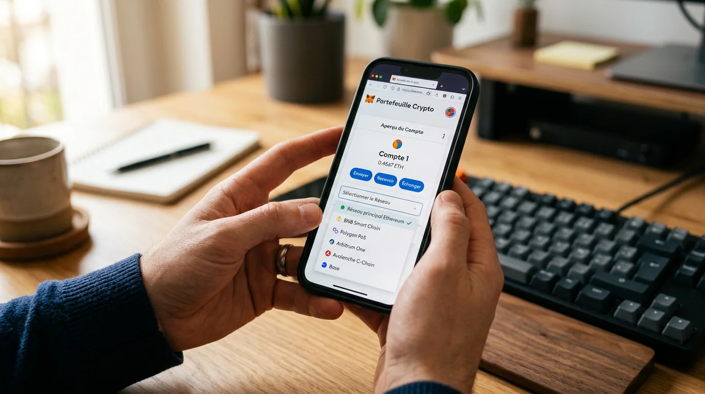 Mains tenant un smartphone affichant l'interface d'une extension de portefeuille crypto