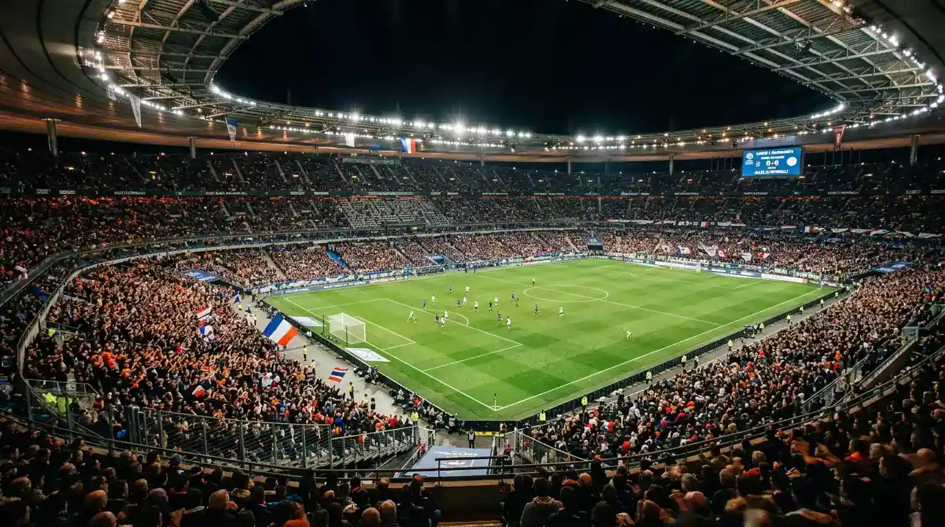 Spectateurs dans un stade de Ligue 1 lors d'un match nocturne, vue grand angle
