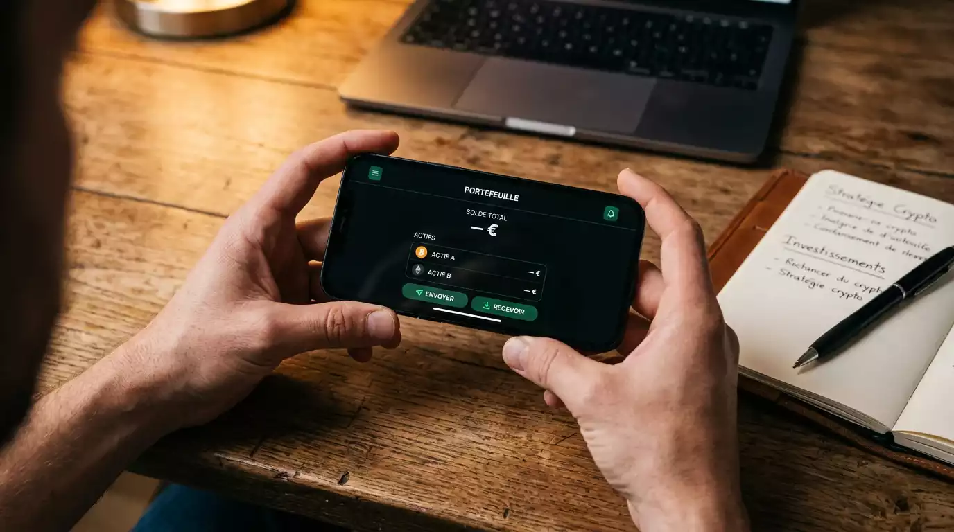 Mains tenant un smartphone affichant une application de portefeuille crypto sobre